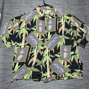 Vintage Paradise Key Hawaiian Shirt XL Black Green Rayon Pineapple Block